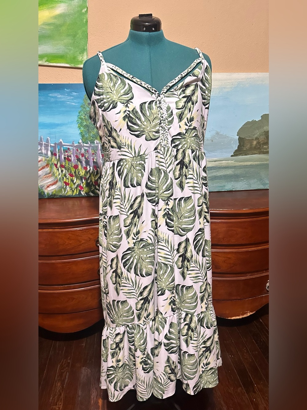 Derek Heart White Maxi Dress with Green Tropical Leaf Print